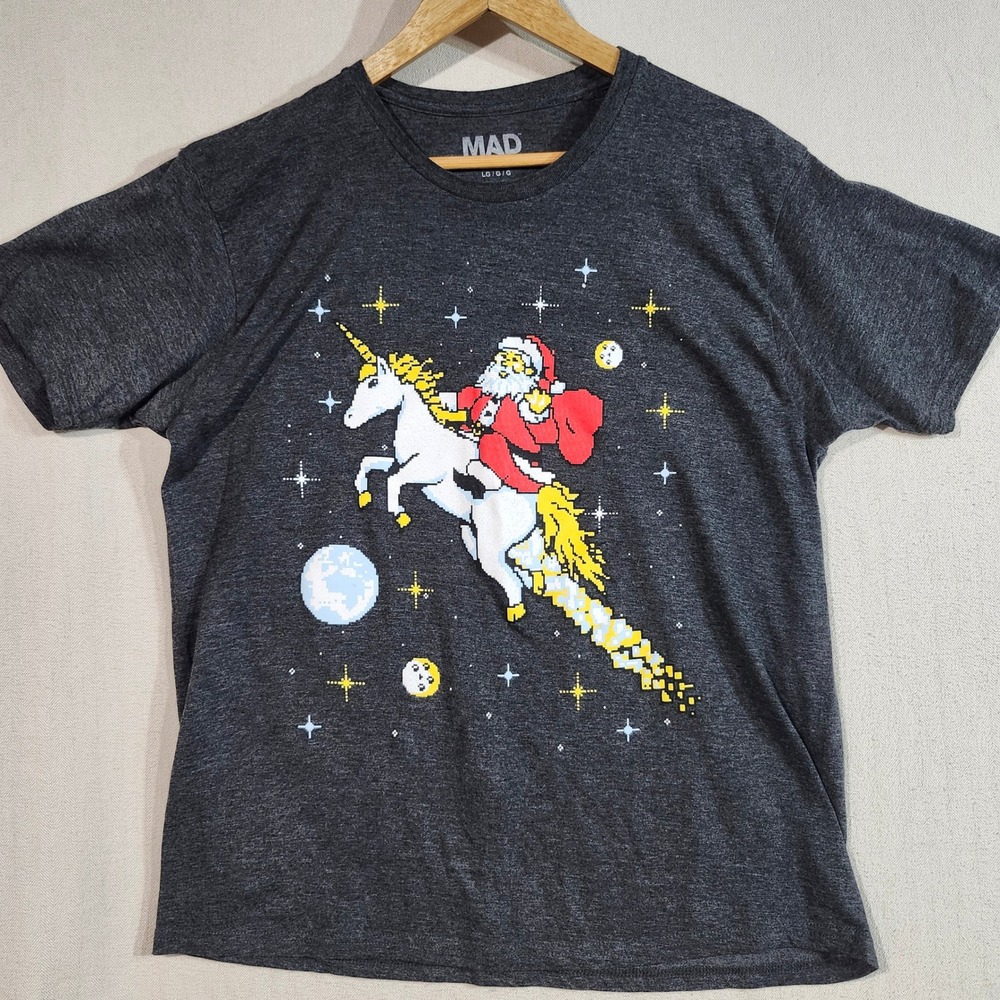 Mad Engine Santa Riding‎ Unicorn Black Graphic T Shirt Mens Large Christmas